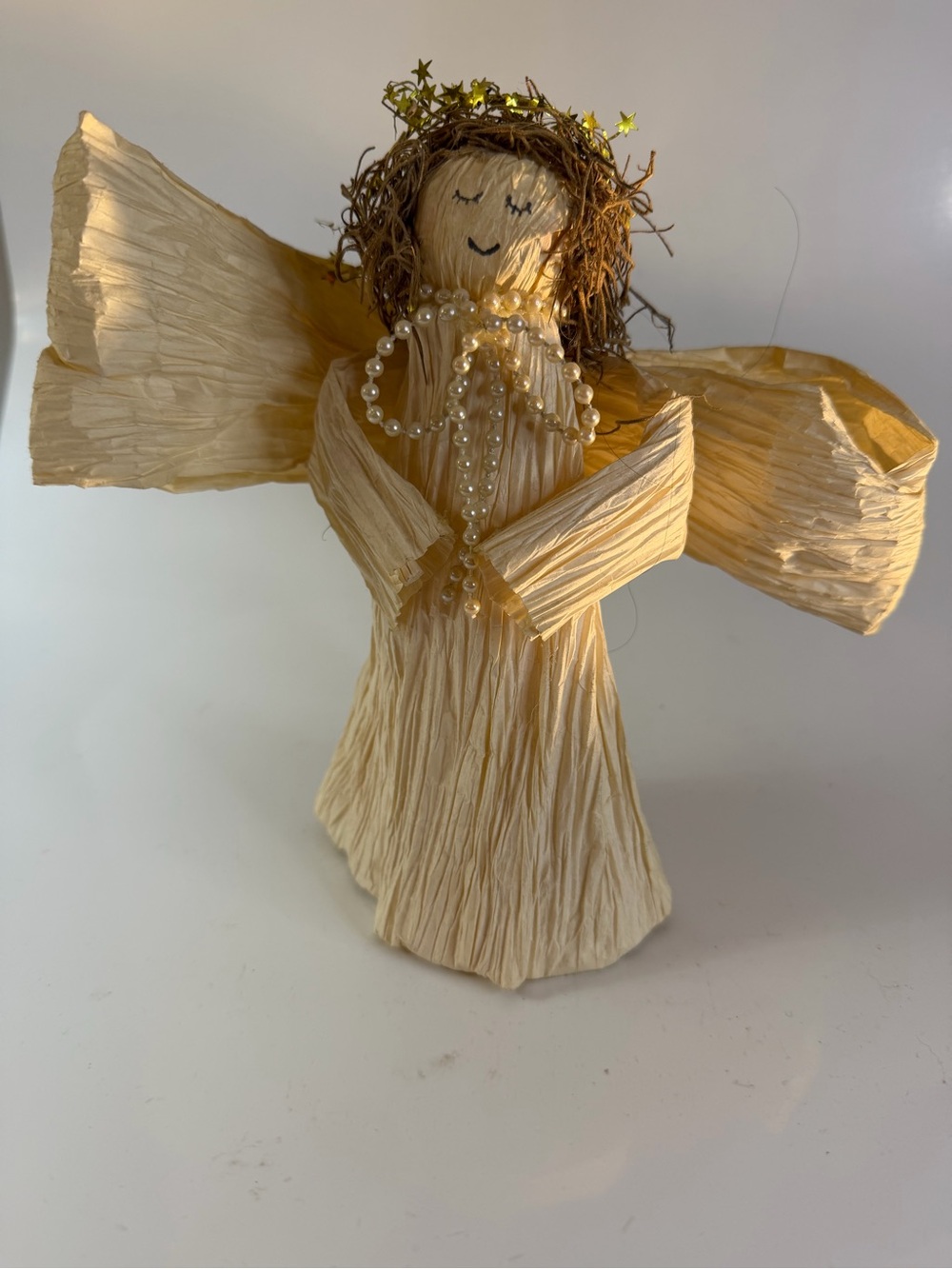 Handmade Mexican Folk Art Corn Husk Angel Figurine with Pearl Accent